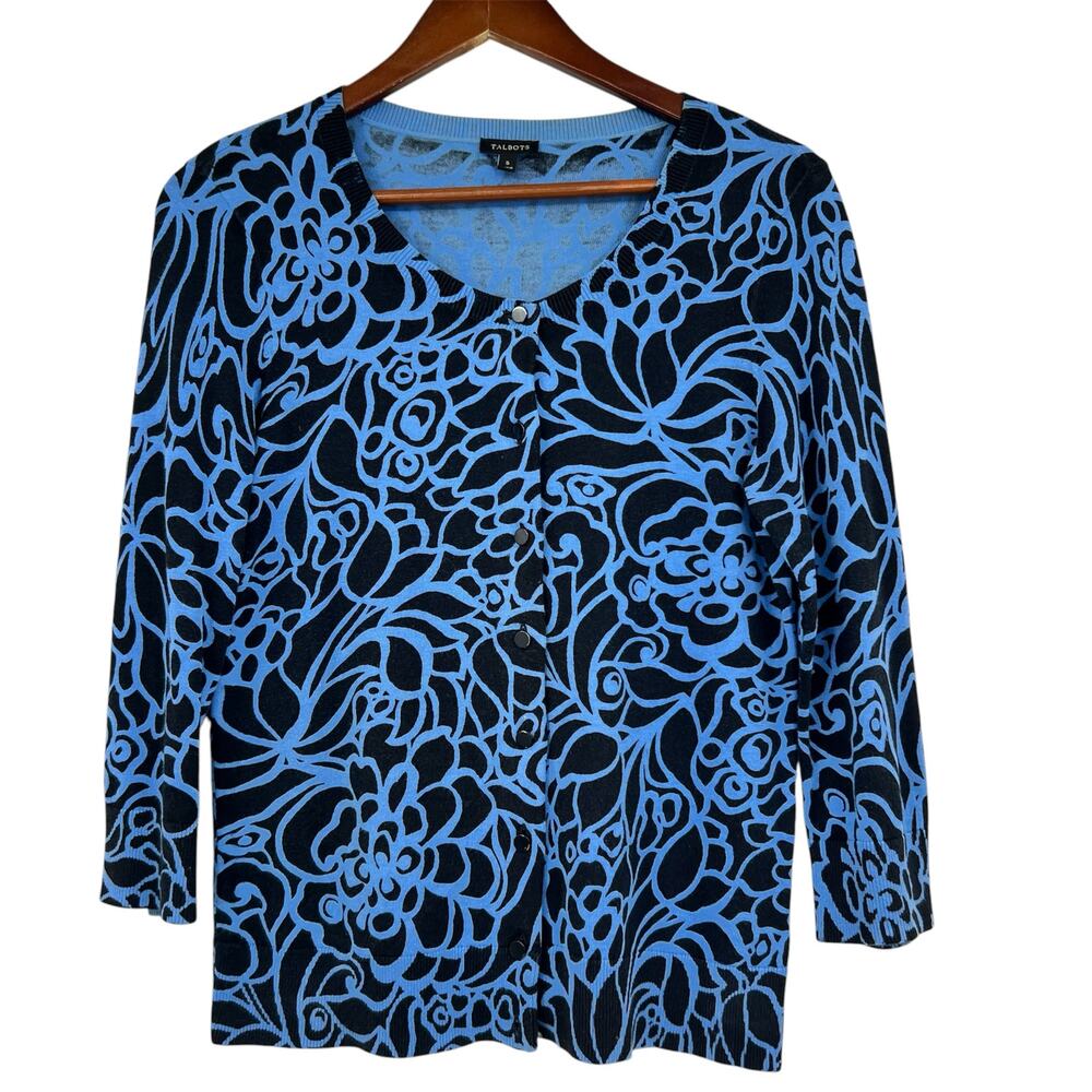 Talbots Blue black Floral geometric Print Cardigan button front 3/4 sleeve small